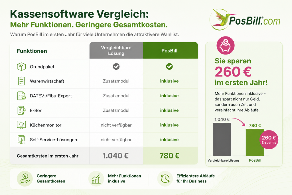 Ein Kassensoftware Vergleich zeigt: PosBill bietet mehr Funktionen bereits im Grundpaket und spart im ersten Jahr bis zu 260 €.